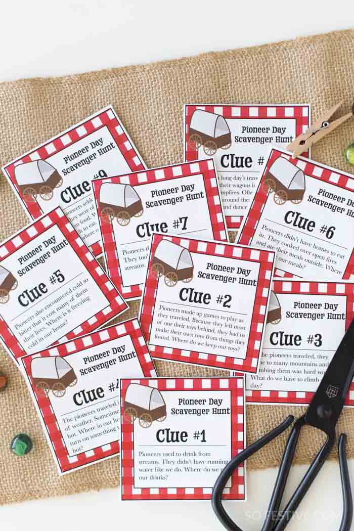 Pioneer Day Celebration Kit- Banner, Treasure Hunt Clues & Party Sign